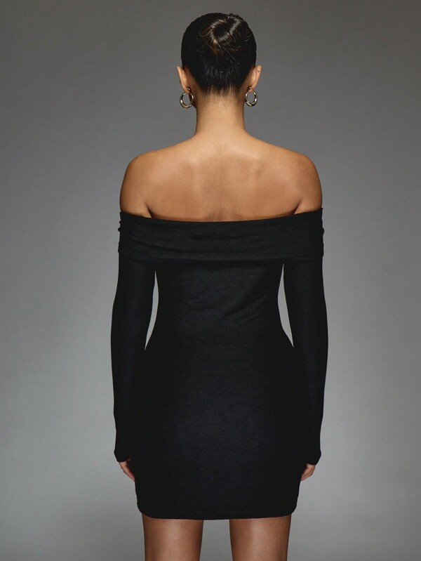 Missguided MISSGUIDED Off Shoulder Bardot Long Sleeve Trim Detail Slim Fit Boducon Short Dress