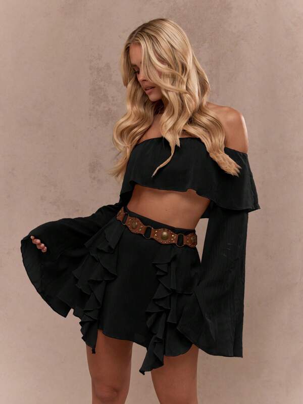 missguided MISSGUIDED Off Shoulder Bell Sleeve Crop Top With Ruffles