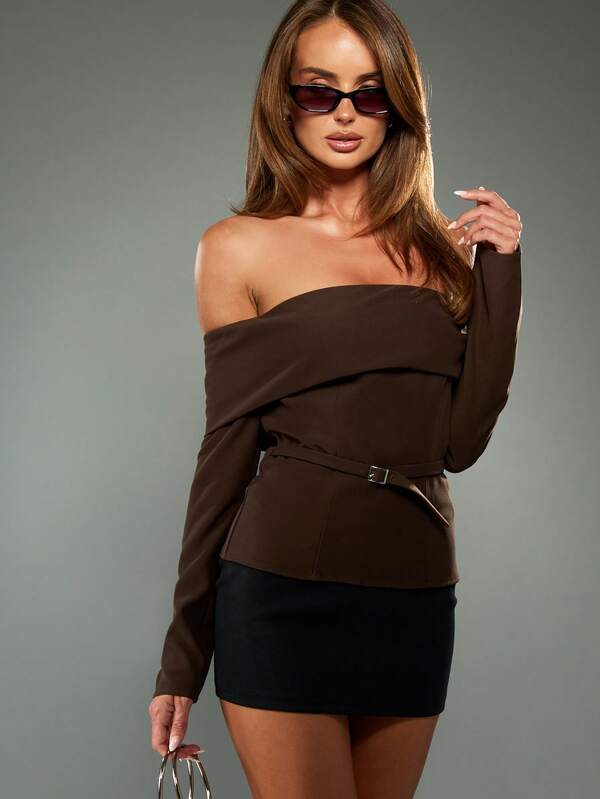 missguided MISSGUIDED Off Shoulder Belted Top With Buckle Detail