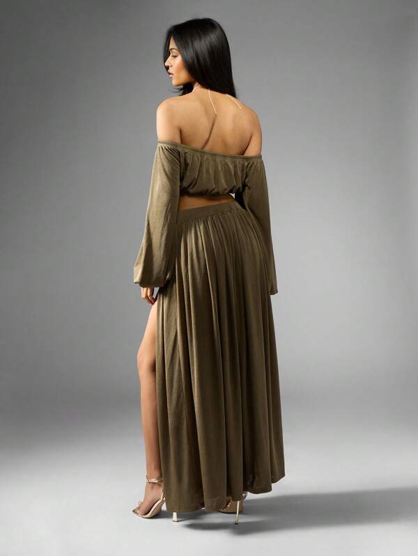 Missguided MISSGUIDED Off Shoulder Blouson Sleeve Crop Top And Maxi Skirt Set