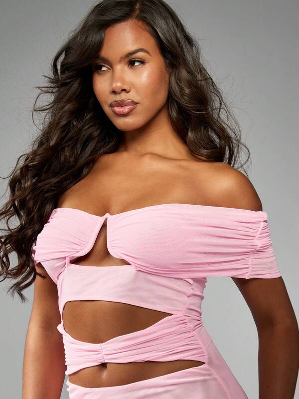 Missguided MISSGUIDED Off Shoulder Bodycon Cut Out Ruched Mesh Mini Dress