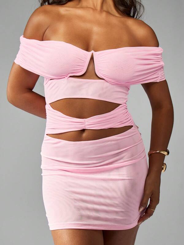 missguided MISSGUIDED Off Shoulder Bodycon Cut Out Ruched Mesh Mini Dress