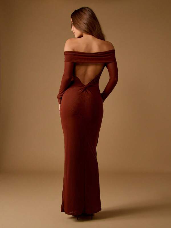 Missguided MISSGUIDED Off Shoulder Bodycon Maxi Dress With Open Back