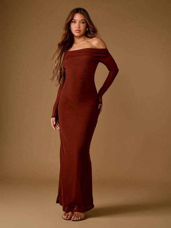 missguided MISSGUIDED Off Shoulder Bodycon Maxi Dress With Open Back