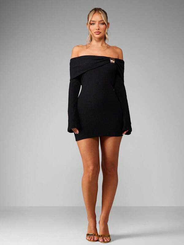 Missguided MISSGUIDED Off Shoulder Bodycon Mini Dress With Gold Ring Detail