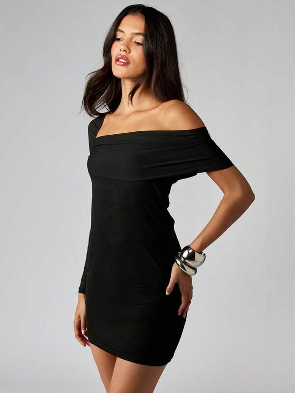 Missguided MISSGUIDED Off Shoulder Bodycon Mini Dress With Long Sleeve