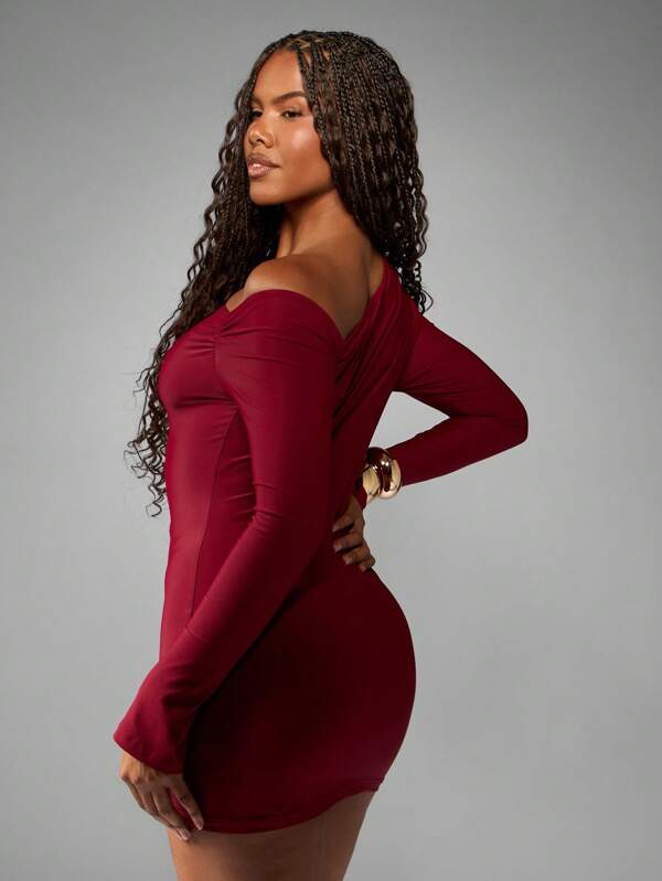 Missguided MISSGUIDED Off Shoulder Bodycon Mini Dress With Long Sleeves