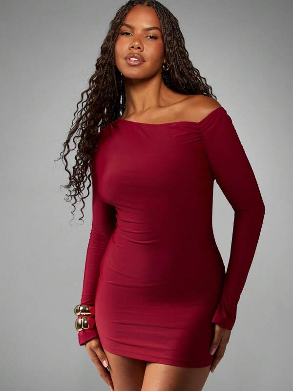 missguided MISSGUIDED Off Shoulder Bodycon Mini Dress With Long Sleeves