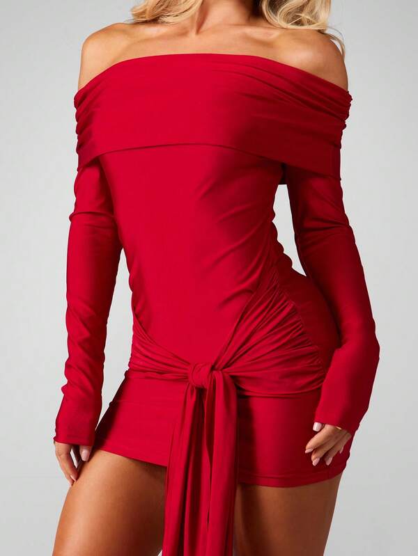missguided MISSGUIDED Off Shoulder Bodycon Mini Dress With Tie Detail
