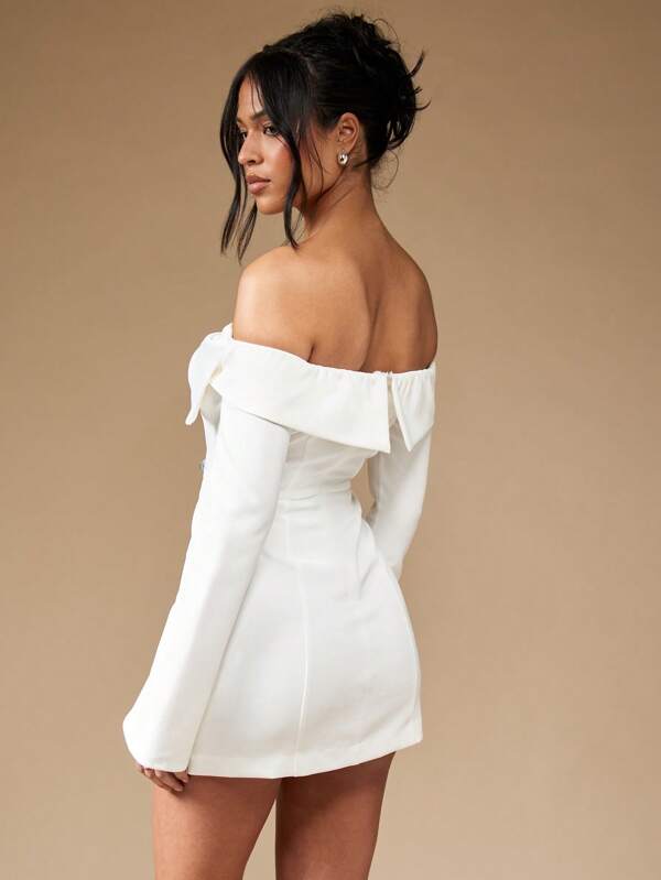 Missguided MISSGUIDED Off Shoulder Bow Front Long Bell Sleeve Bodycon Mini Dress