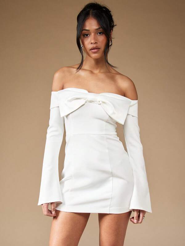 Missguided MISSGUIDED Off Shoulder Bow Front Long Bell Sleeve Bodycon Mini Dress