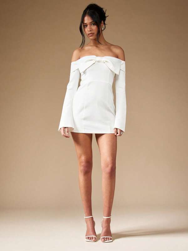Missguided MISSGUIDED Off Shoulder Bow Front Long Bell Sleeve Bodycon Mini Dress