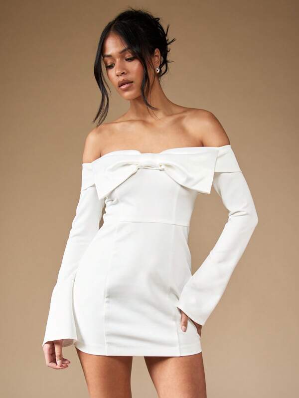 missguided MISSGUIDED Off Shoulder Bow Front Long Bell Sleeve Bodycon Mini Dress