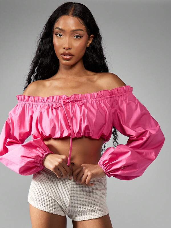 Missguided MISSGUIDED Off Shoulder Bubble Crop Top With Ruffle Trim