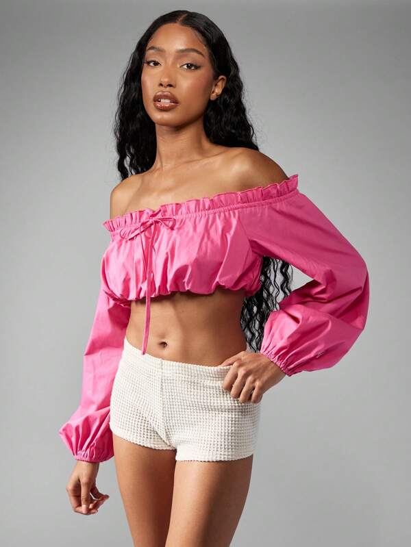 missguided MISSGUIDED Off Shoulder Bubble Crop Top With Ruffle Trim