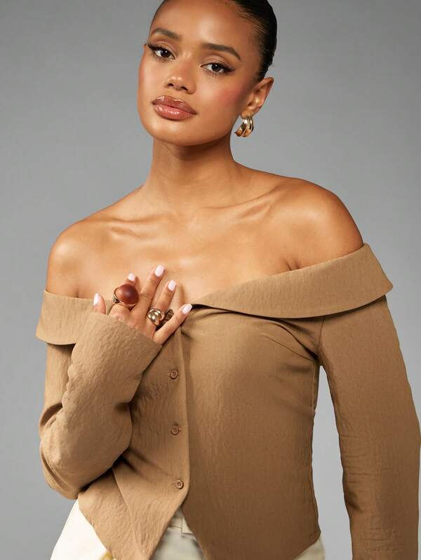 Missguided MISSGUIDED Off Shoulder Button Front Fitted Blouse With Collar