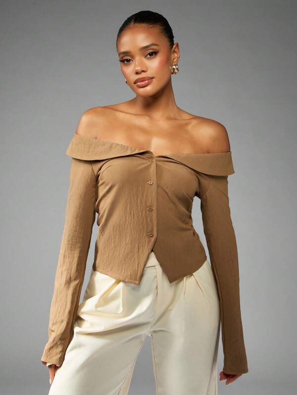 missguided MISSGUIDED Off Shoulder Button Front Fitted Blouse With Collar