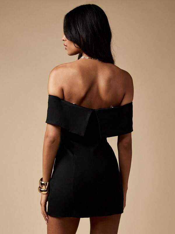 Missguided MISSGUIDED Off Shoulder Button Front Mini Dress With Fold Over Neckline
