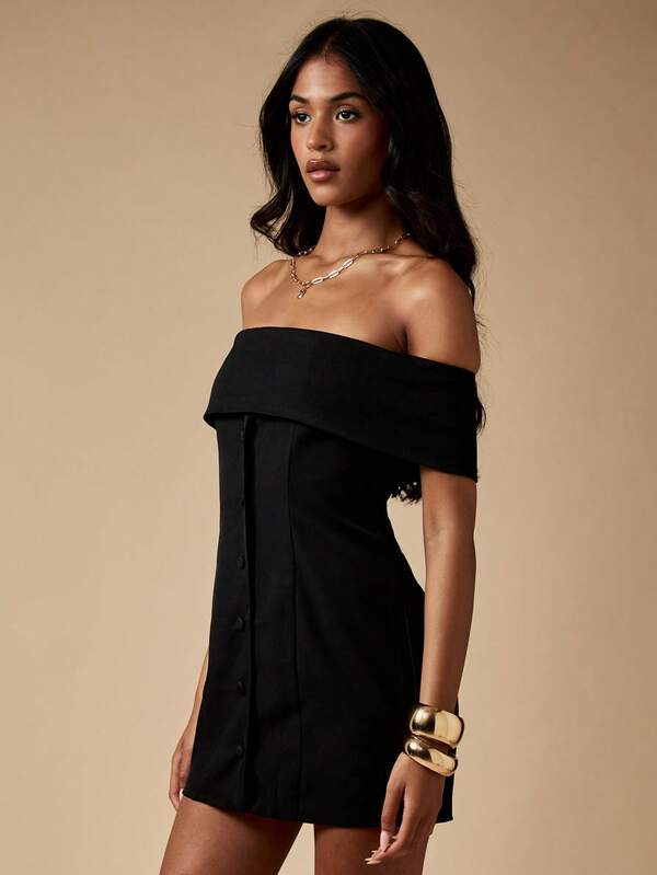 Missguided MISSGUIDED Off Shoulder Button Front Mini Dress With Fold Over Neckline