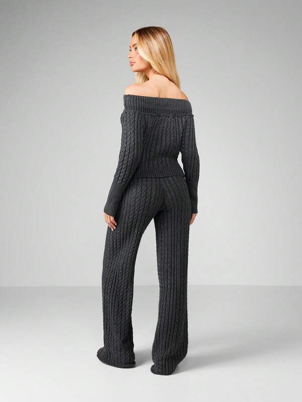 Missguided MISSGUIDED Off Shoulder Cable Knit Co-Ord Set With Wide Leg Pants