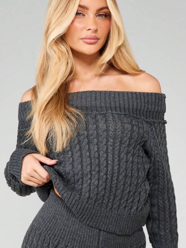 Missguided MISSGUIDED Off Shoulder Cable Knit Co-Ord Set With Wide Leg Pants