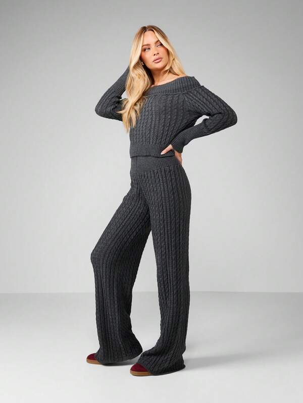 Missguided MISSGUIDED Off Shoulder Cable Knit Co-Ord Set With Wide Leg Pants