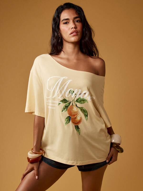 Missguided MISSGUIDED Off Shoulder Casual Orange Citrus Print Loose Fit T-Shirt