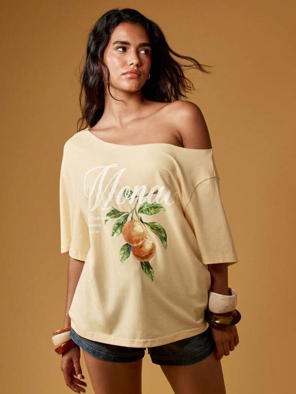 missguided MISSGUIDED Off Shoulder Casual Orange Citrus Print Loose Fit T-Shirt