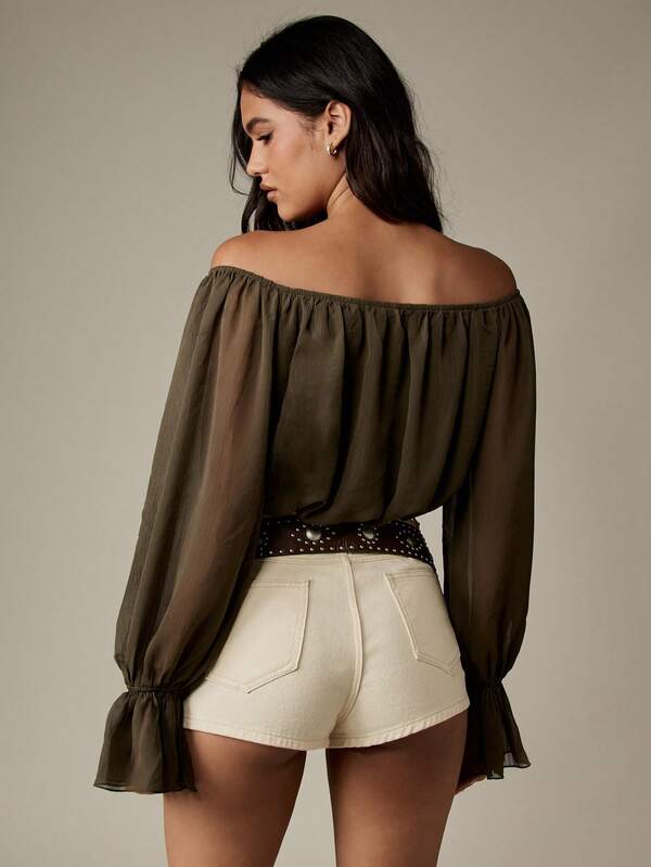 Missguided MISSGUIDED Off Shoulder Chiffon Blouse With Puff Sleeves