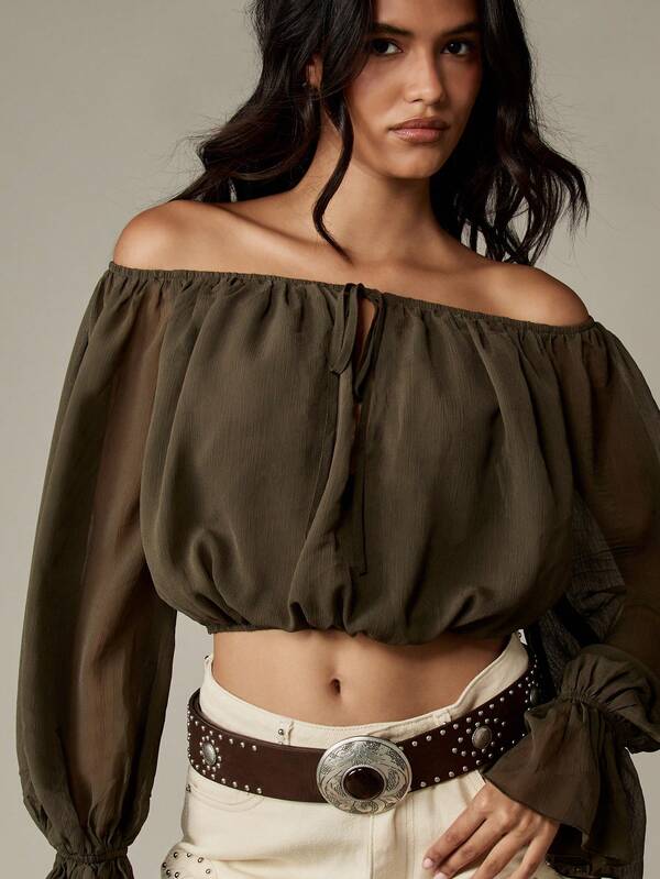 Missguided MISSGUIDED Off Shoulder Chiffon Blouse With Puff Sleeves