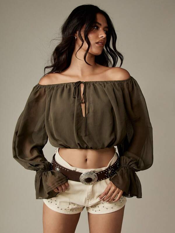missguided MISSGUIDED Off Shoulder Chiffon Blouse With Puff Sleeves