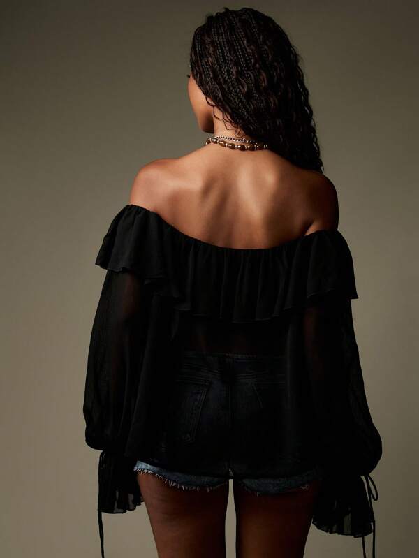 Missguided MISSGUIDED Off Shoulder Chiffon Lace Up Corset Style Blouse