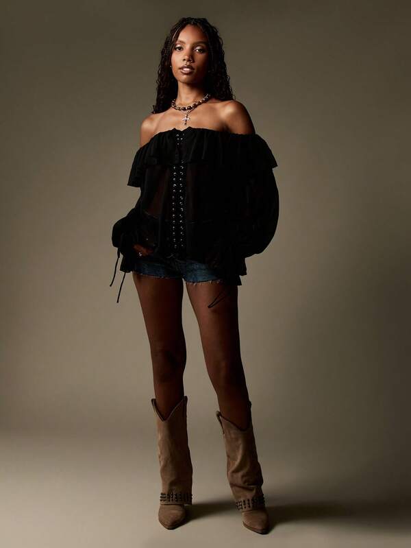 Missguided MISSGUIDED Off Shoulder Chiffon Lace Up Corset Style Blouse