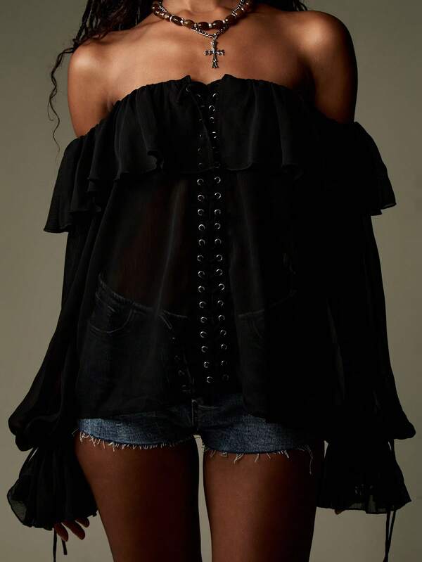 Missguided MISSGUIDED Off Shoulder Chiffon Lace Up Corset Style Blouse
