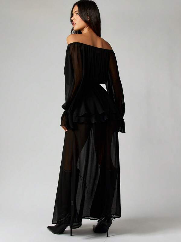Missguided MISSGUIDED Off Shoulder Chiffon Maxi Dress With Belt