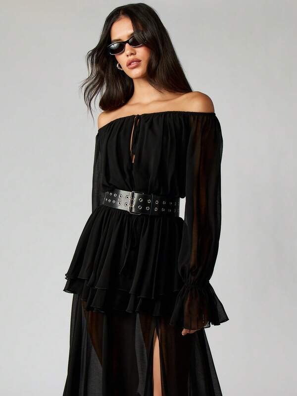 Missguided MISSGUIDED Off Shoulder Chiffon Maxi Dress With Belt