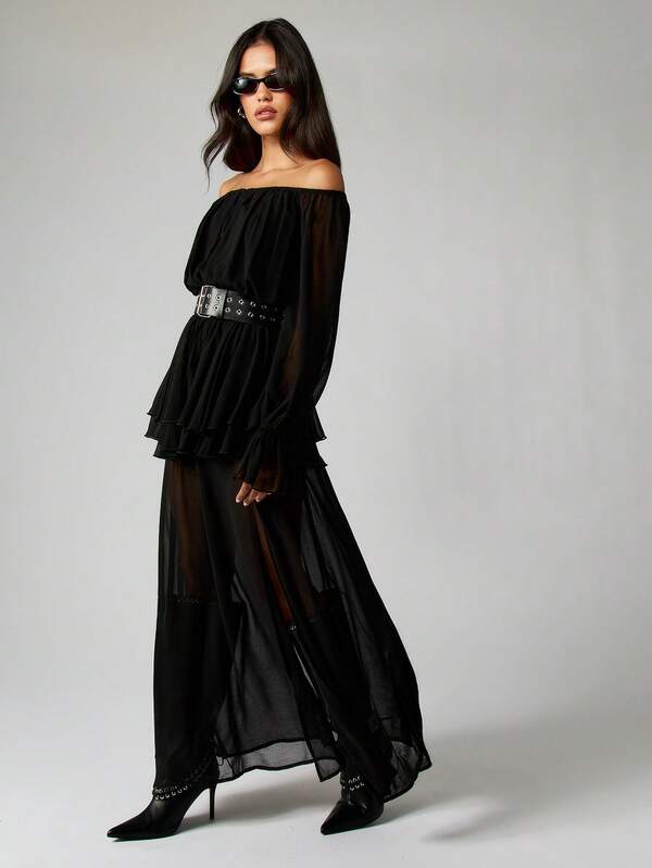 Missguided MISSGUIDED Off Shoulder Chiffon Maxi Dress With Belt