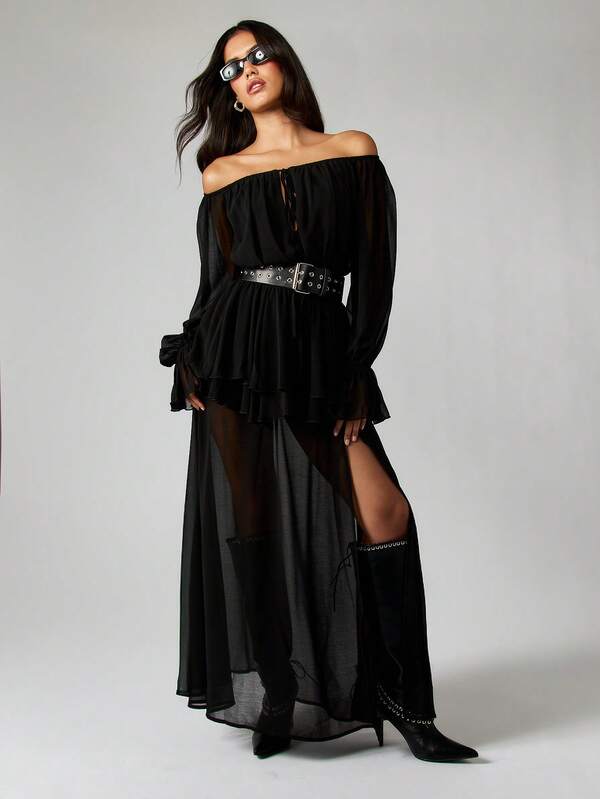 missguided MISSGUIDED Off Shoulder Chiffon Maxi Dress With Belt