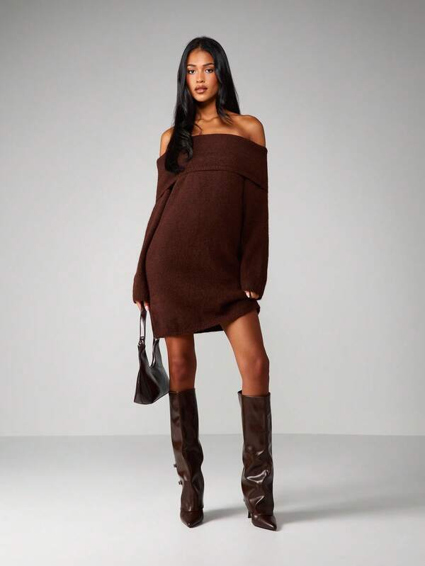 Missguided MISSGUIDED Off Shoulder Chunky Knit Mini Dress