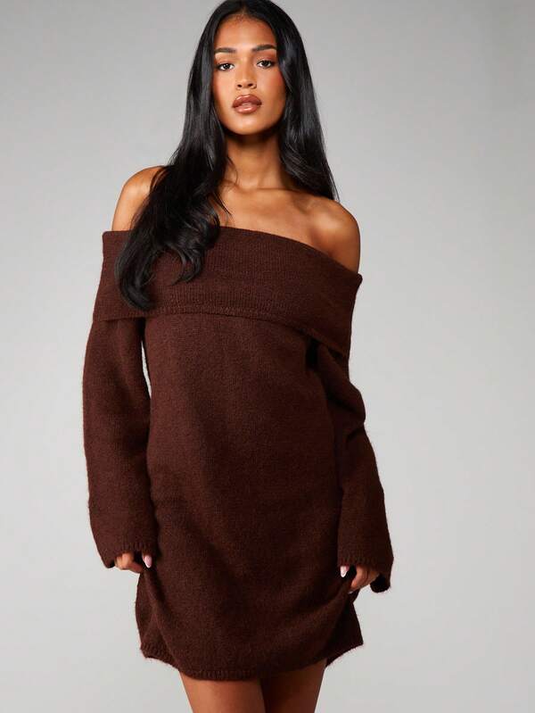 missguided MISSGUIDED Off Shoulder Chunky Knit Mini Dress