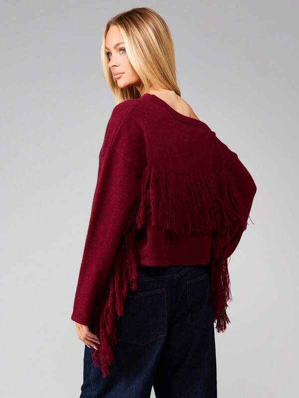 Missguided MISSGUIDED Off Shoulder Chunky Knit Sweater With Fringe