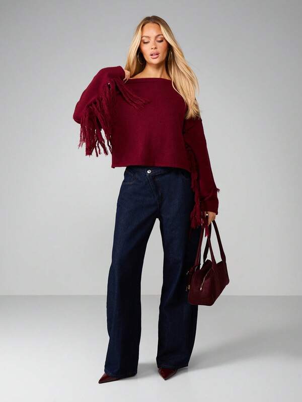 Missguided MISSGUIDED Off Shoulder Chunky Knit Sweater With Fringe