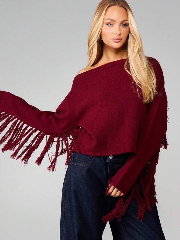 Missguided MISSGUIDED Off Shoulder Chunky Knit Sweater With Fringe