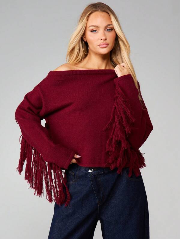 missguided MISSGUIDED Off Shoulder Chunky Knit Sweater With Fringe