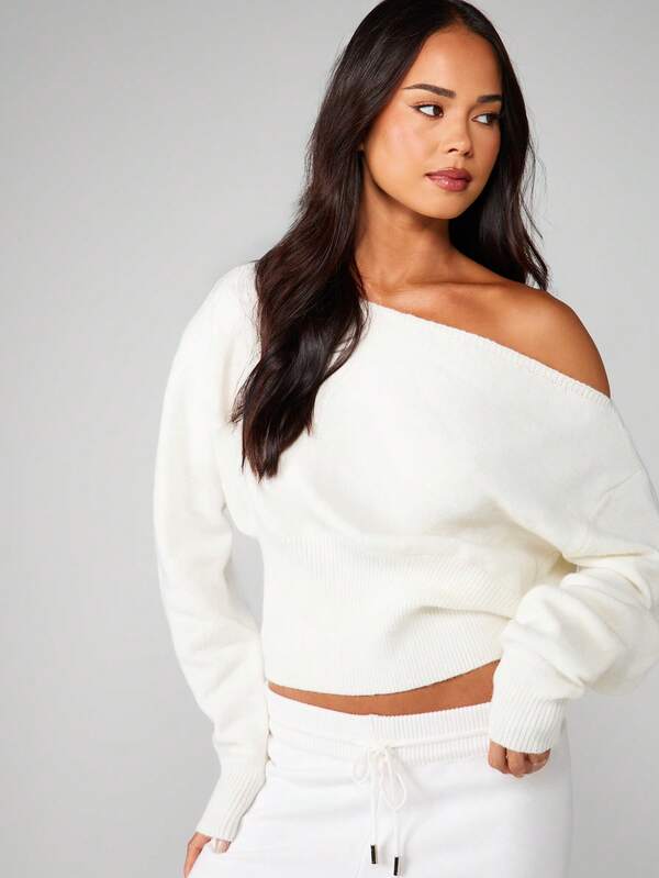 Missguided MISSGUIDED Off Shoulder Chunky Knit Sweater With Ribbed Details