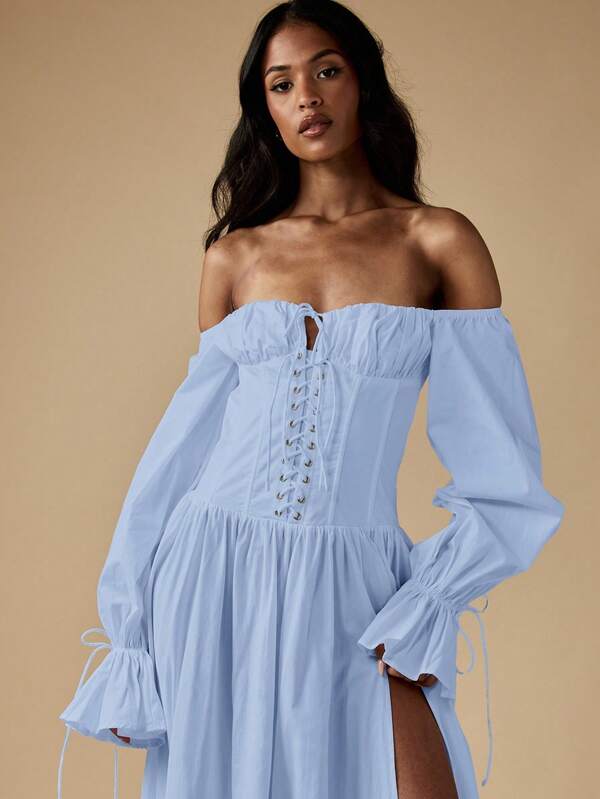 Missguided MISSGUIDED Off Shoulder Corset Dress With Balloon Sleeves And Split