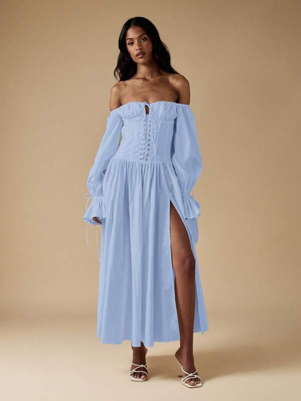 missguided MISSGUIDED Off Shoulder Corset Dress With Balloon Sleeves And Split