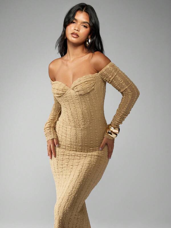 Missguided MISSGUIDED Off Shoulder Corset Lace Pattern Long Sleeve Maxi Dress