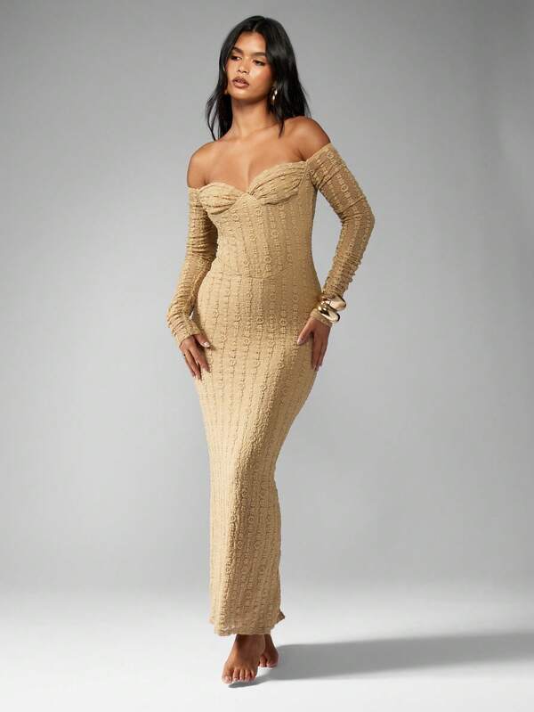 Missguided MISSGUIDED Off Shoulder Corset Lace Pattern Long Sleeve Maxi Dress