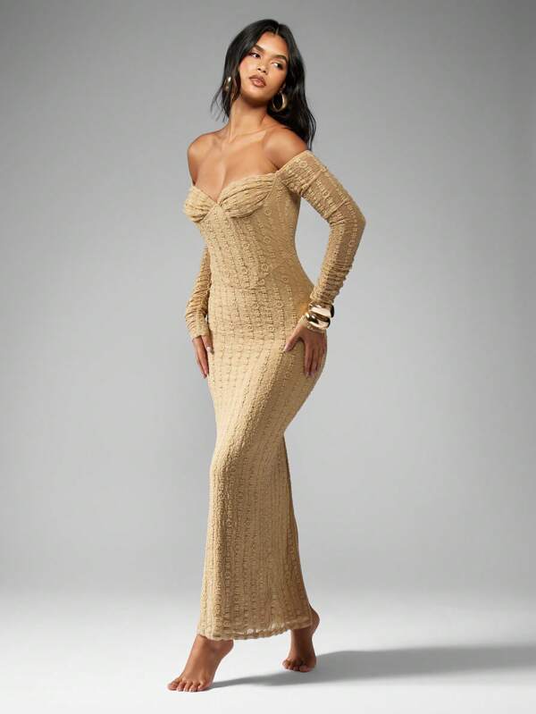 missguided MISSGUIDED Off Shoulder Corset Lace Pattern Long Sleeve Maxi Dress
